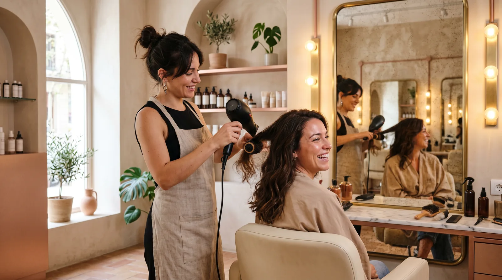 Stylist blow-drying a client's hair in a modern salon