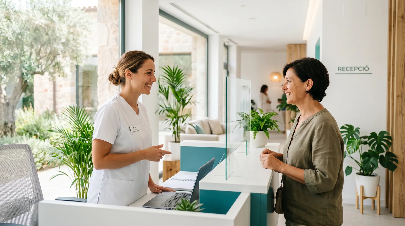 Physiotherapist welcoming a patient in a modern clinic