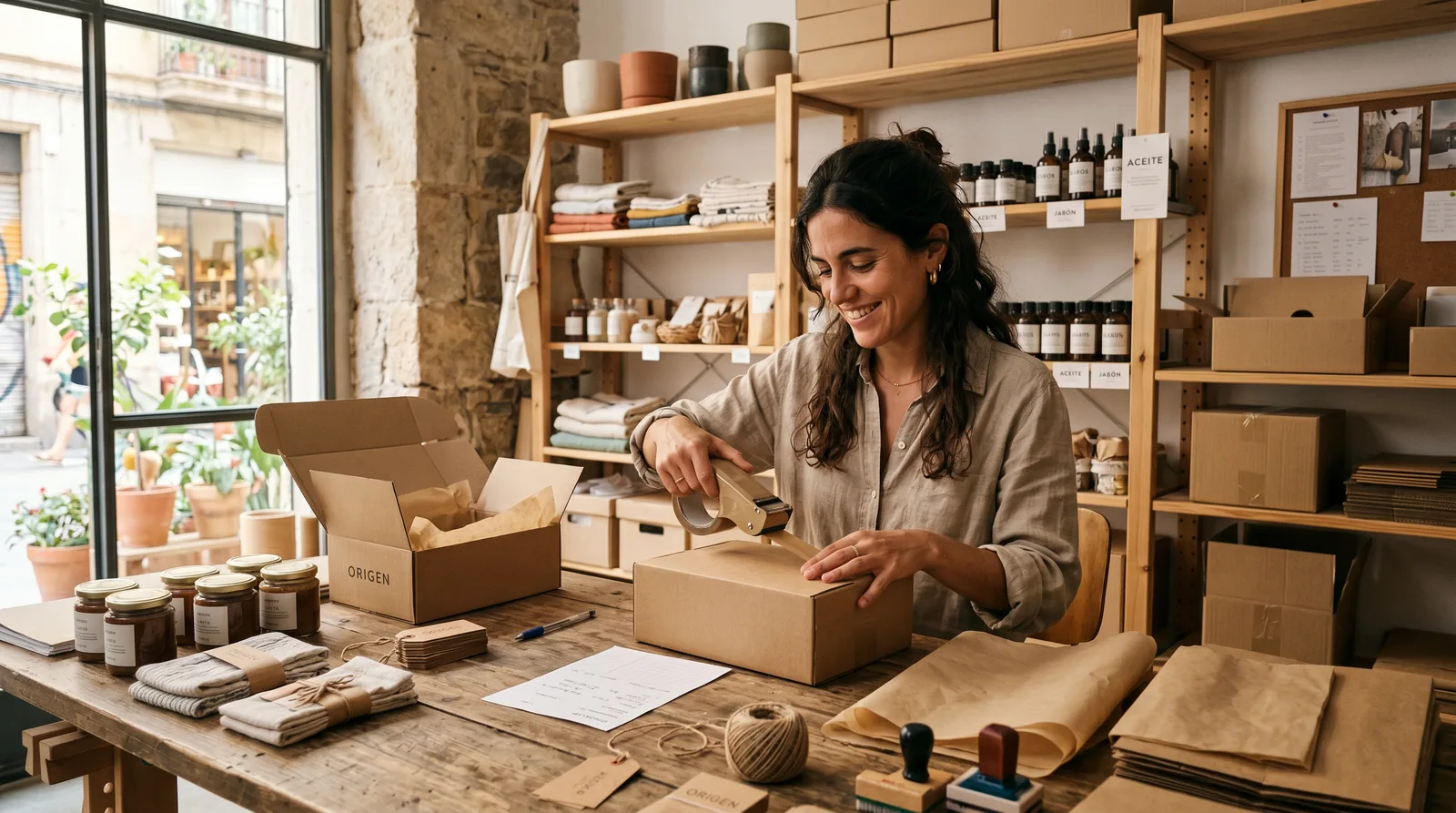 Online store founder packing orders in her studio