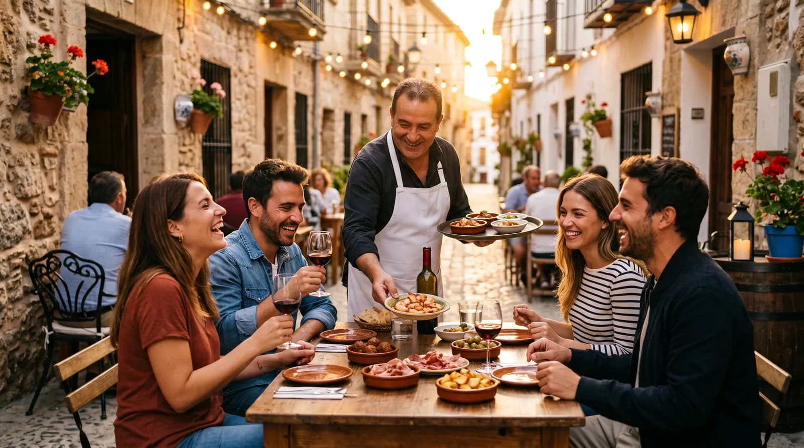 Spanish restaurant terrace at sunset with a waiter serving tapas