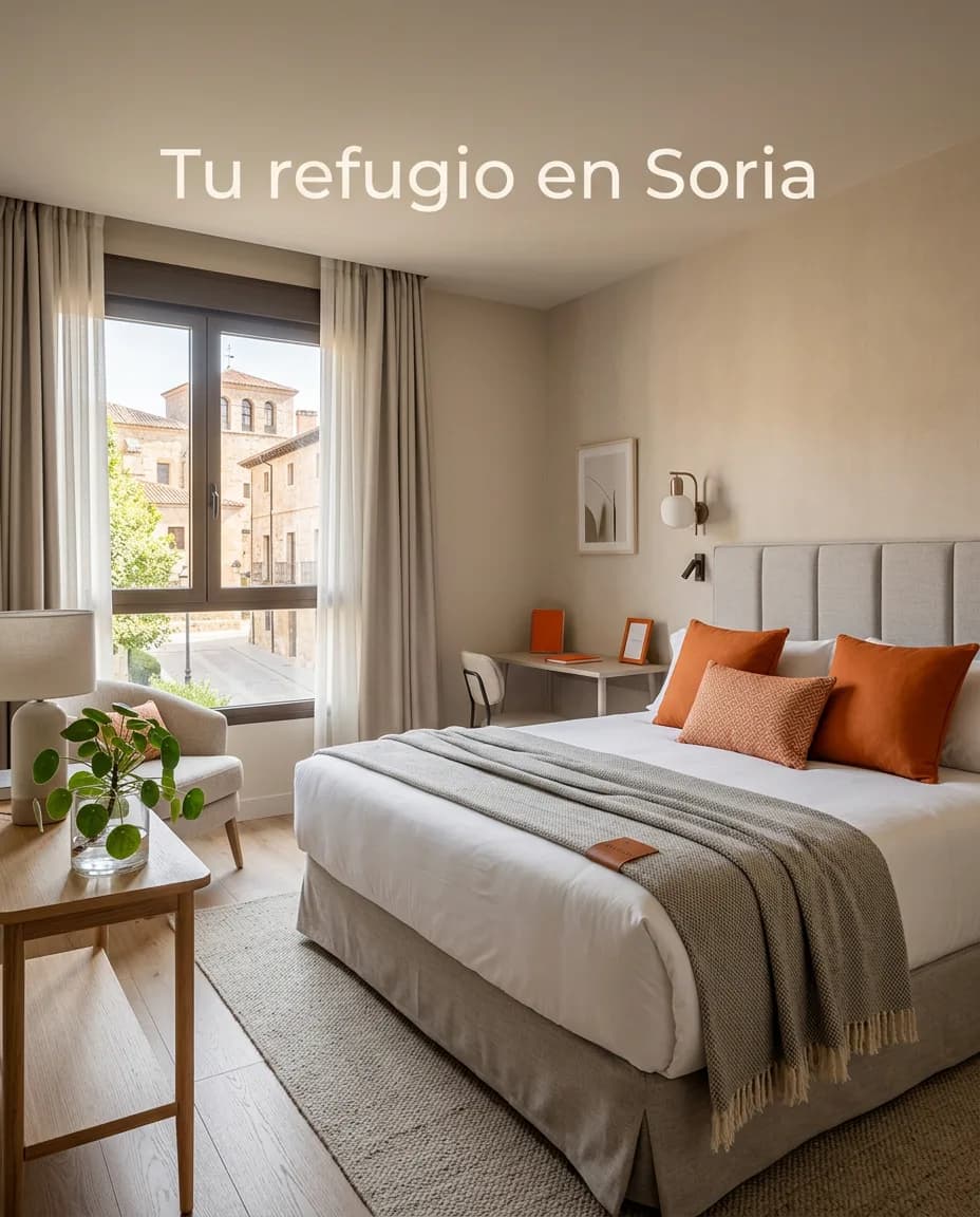 Boutique hotel room with a view of old-town Soria — social post