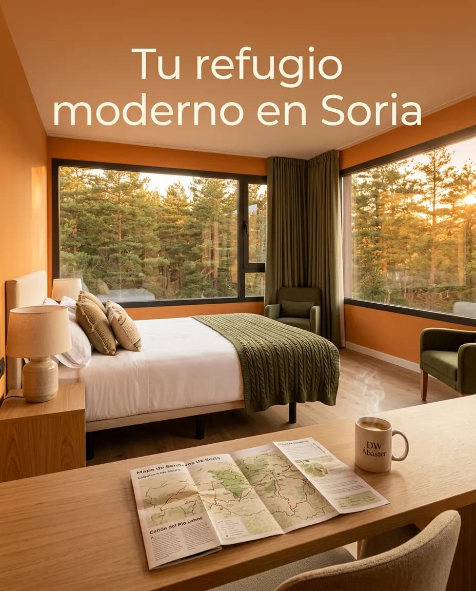 Modern hotel room overlooking the pine forest — social post