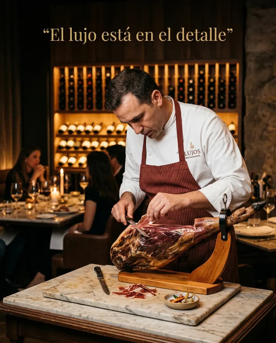 Chef hand-carving Iberian ham in the dining room — brand content