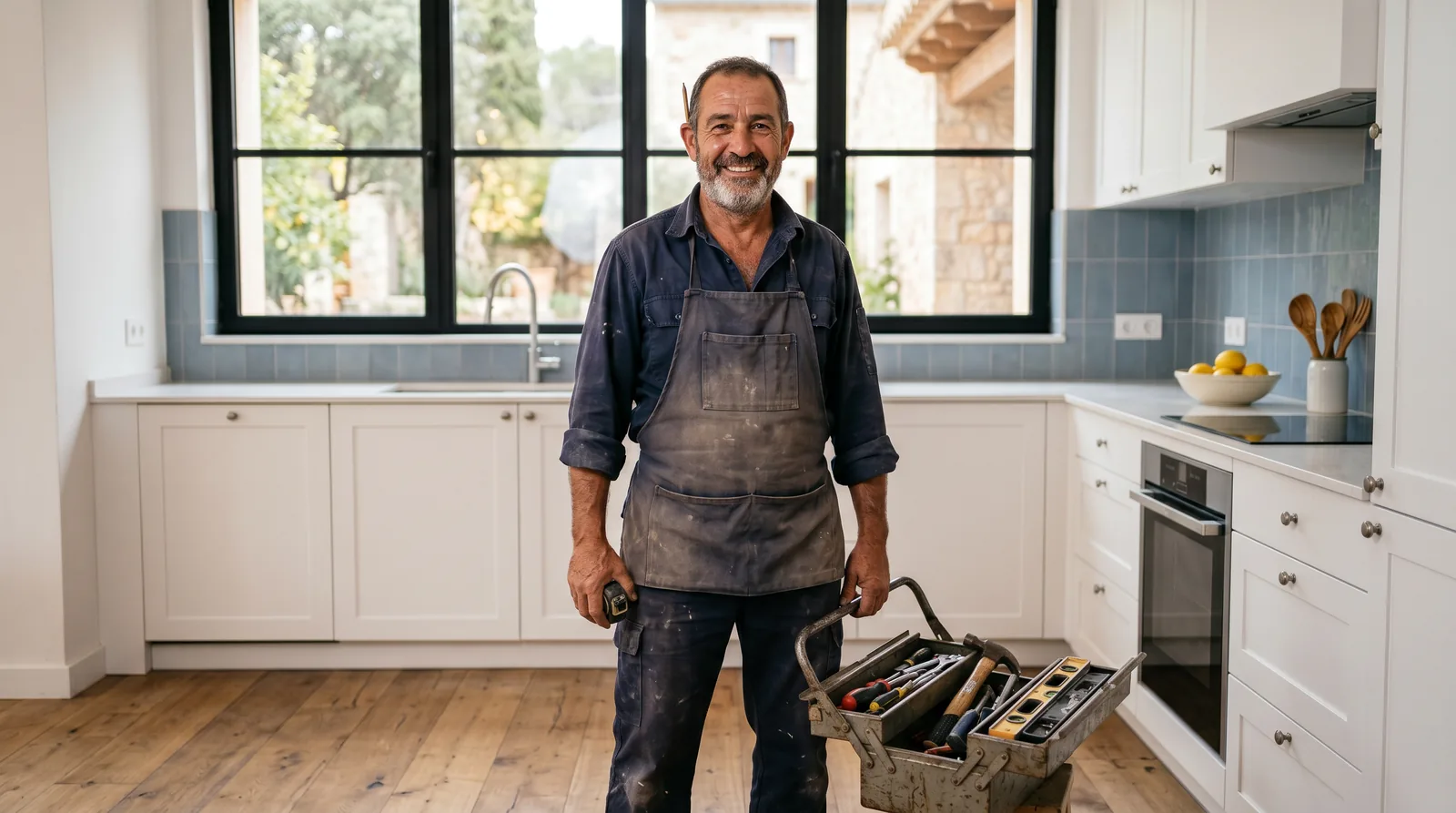 Renovation professional smiling in a freshly finished kitchen