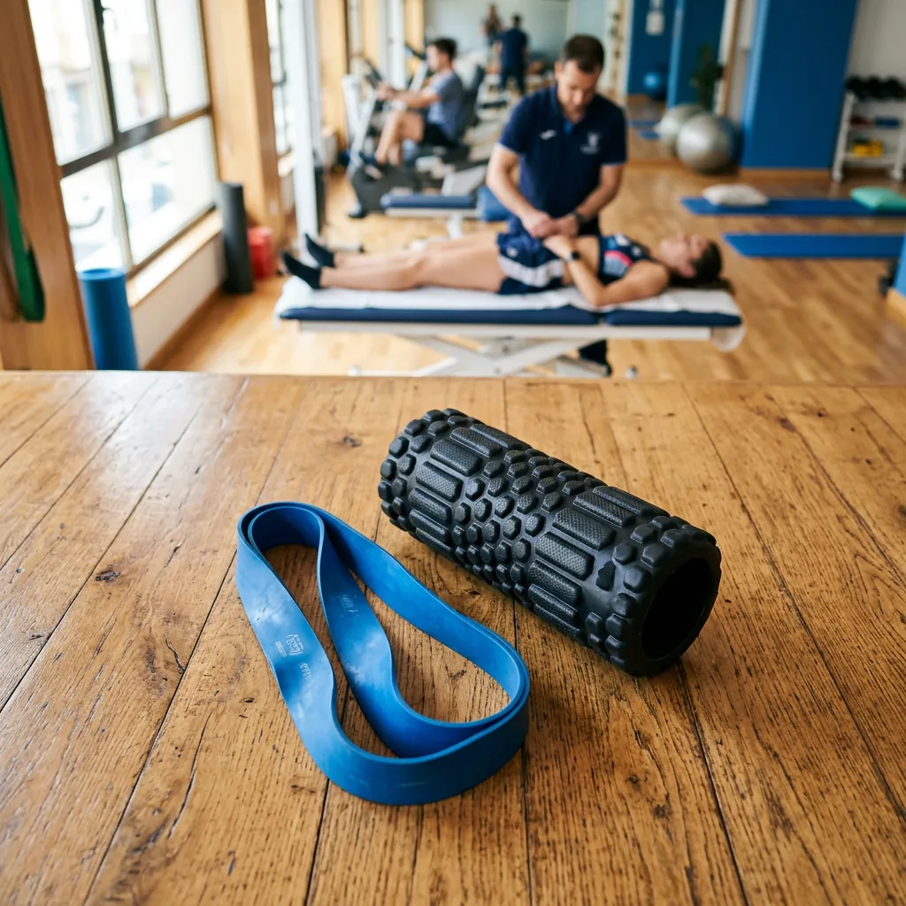 Close-up of a blue resistance band and a foam roller on a wooden floor — Fisio Ancla, A Coruña