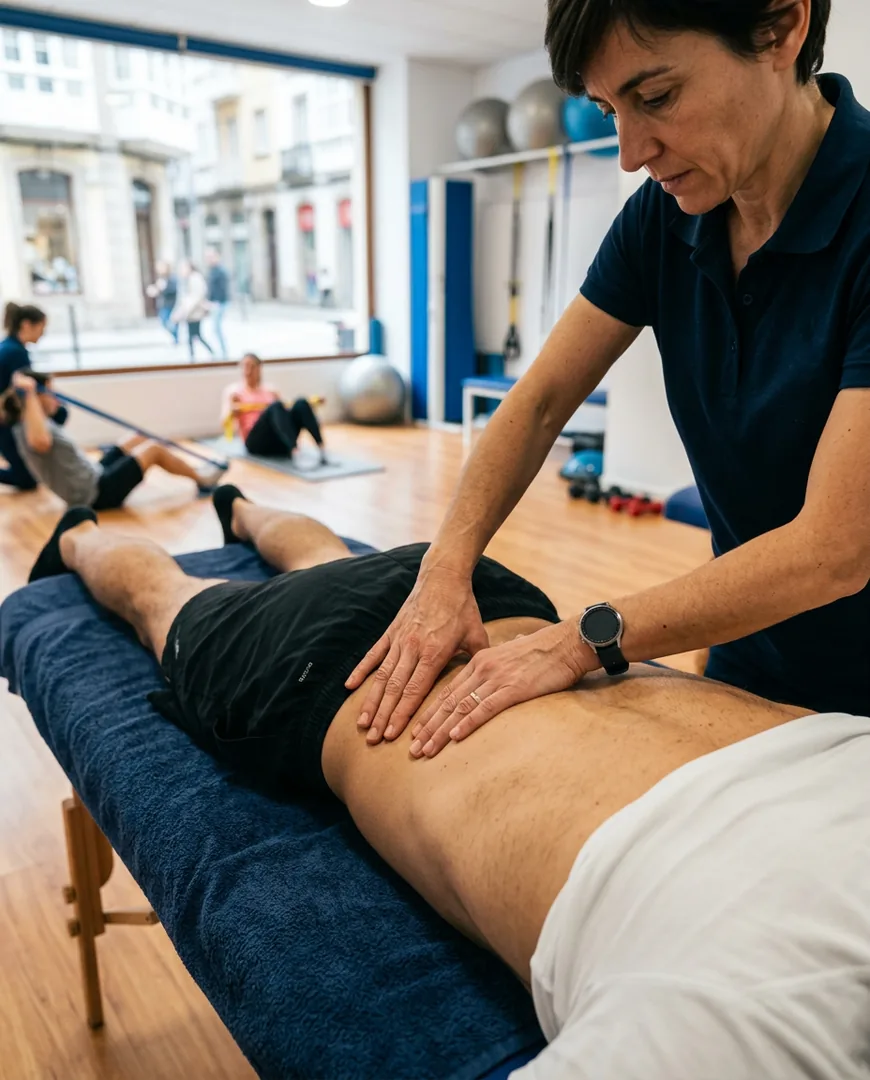 Close-up of hands performing manual therapy on a patient's lower back — Fisio Ancla, A Coruña