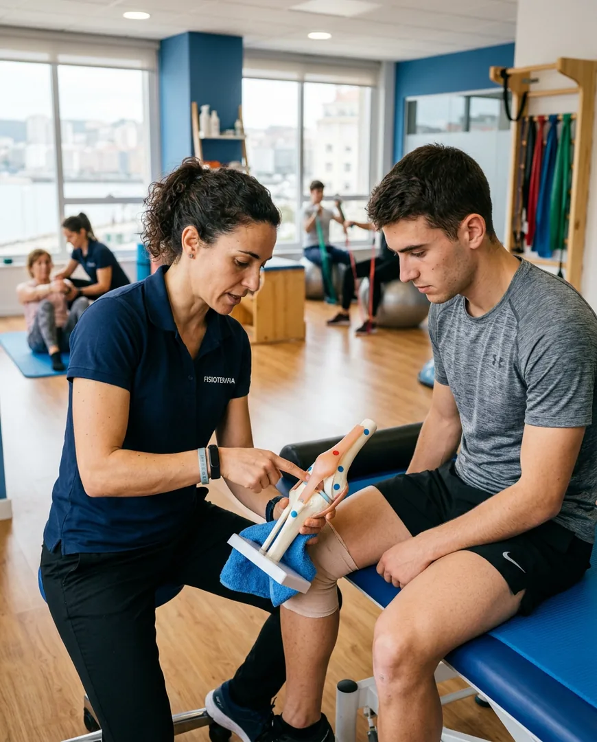 Physiotherapist explaining an anatomical model of a knee to an attentive patient — Fisio Ancla, A Coruña