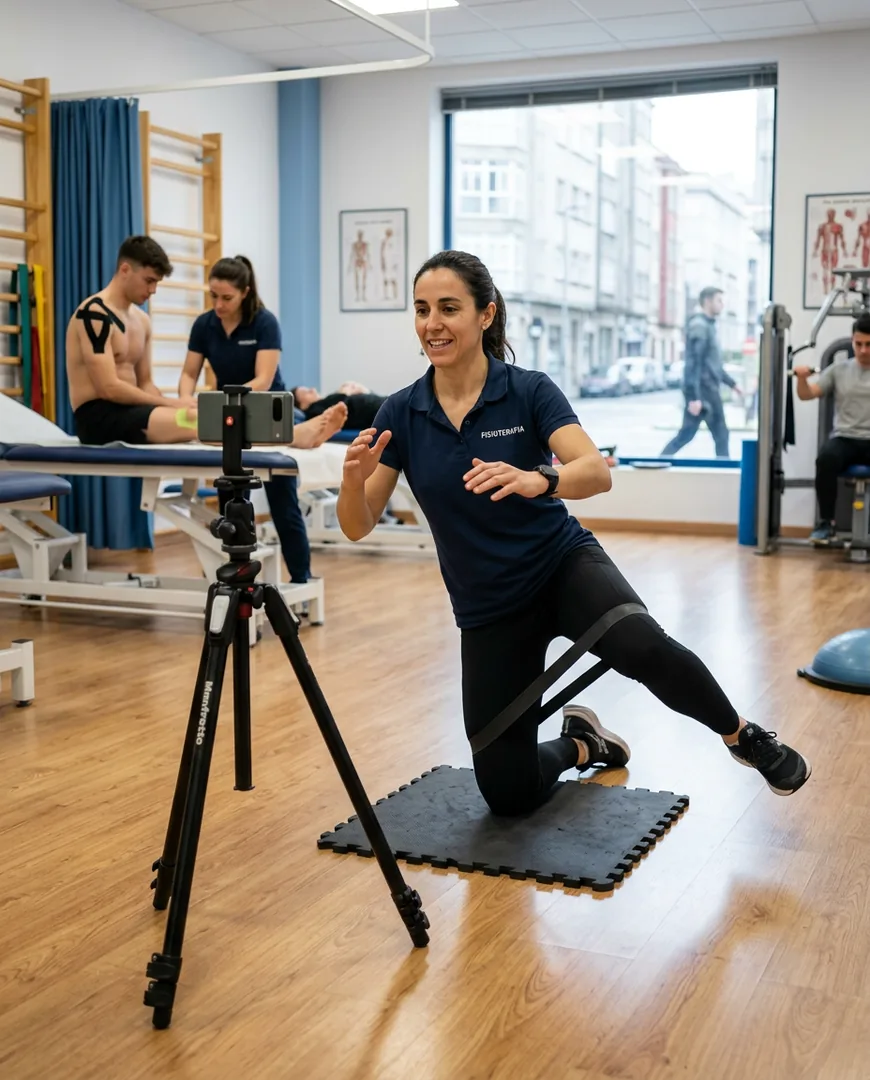 Physiotherapist filming a short exercise demonstration on a phone tripod in the clinic — Fisio Ancla, A Coruña