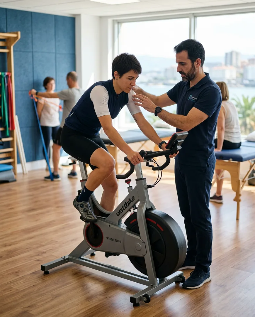 Cyclist being assessed on a stationary bike with the physiotherapist observing posture — Fisio Ancla, A Coruña