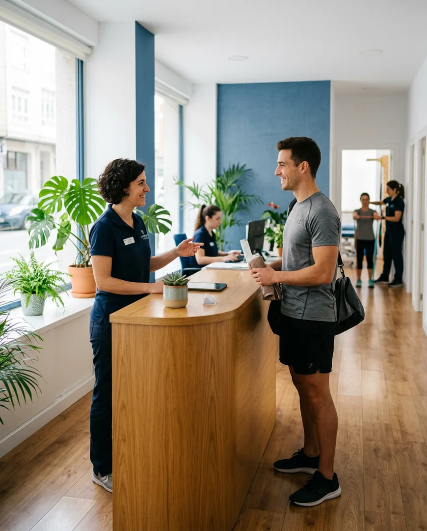 Clinic reception with wooden counter — Fisio Ancla, A Coruña