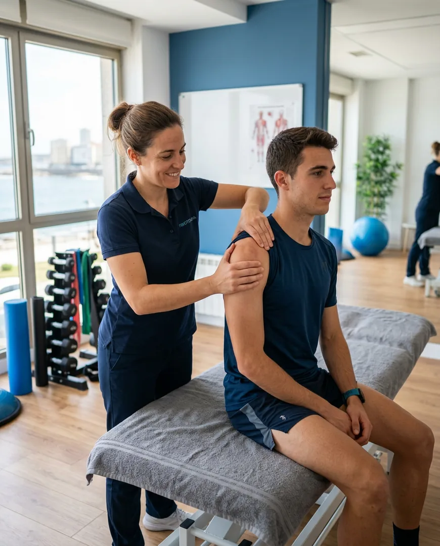 Physiotherapist treating a runner's shoulder in a bright modern treatment room with wooden floors — Fisio Ancla, A Coruña