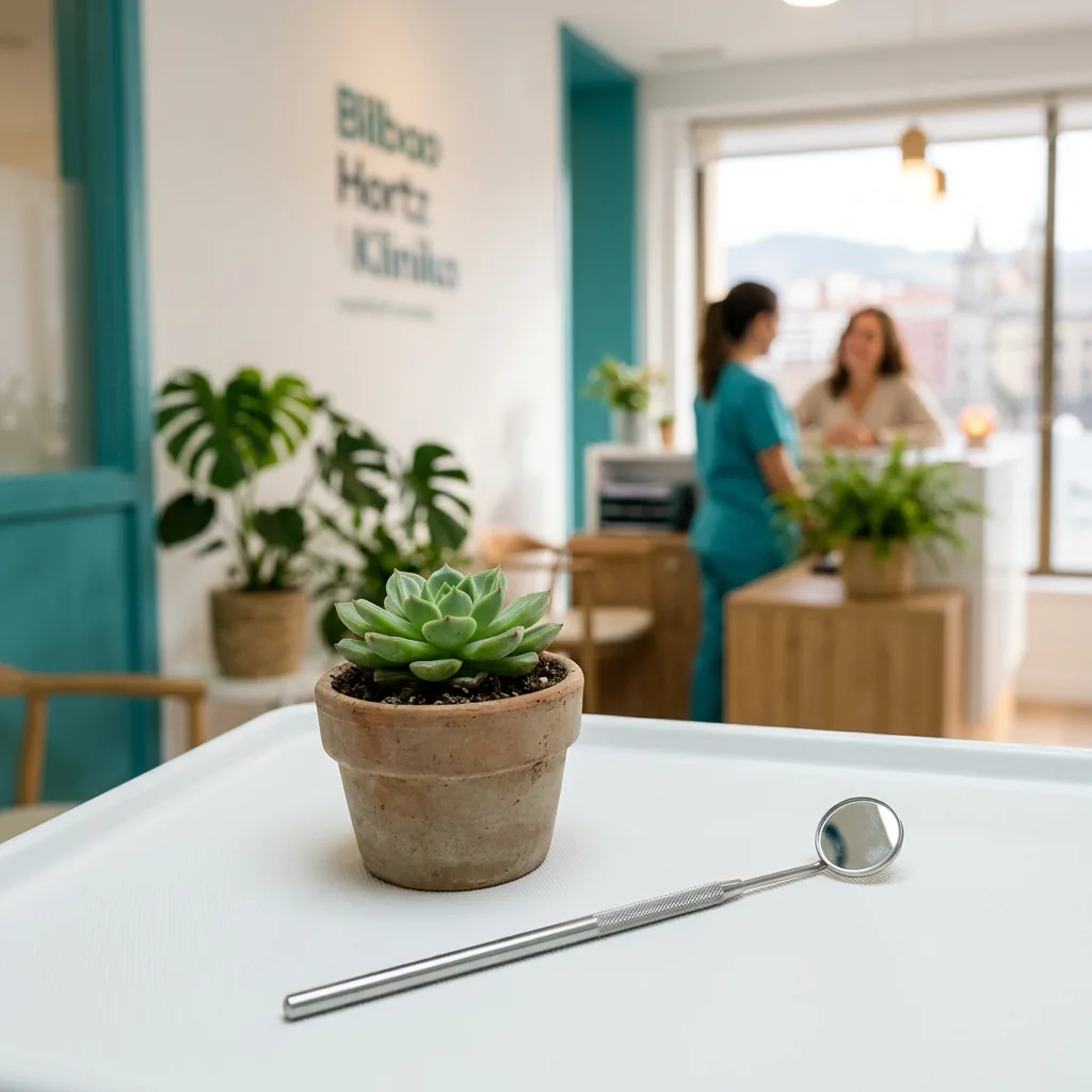 Close-up of a small green plant beside a dental mirror on a clean white surface — Clínica Dental Aurora, Bilbao