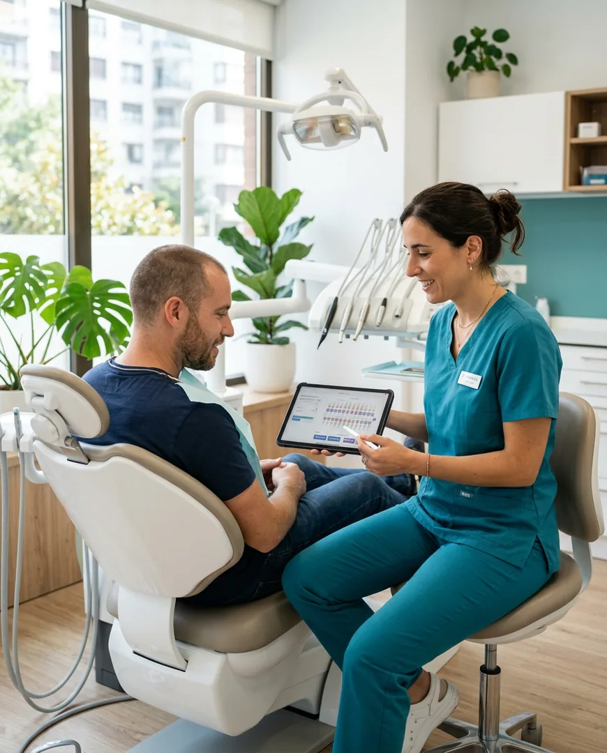 Dentist explaining a treatment plan on a tablet to a seated patient in a modern treatment room — Clínica Dental Aurora, Bilbao