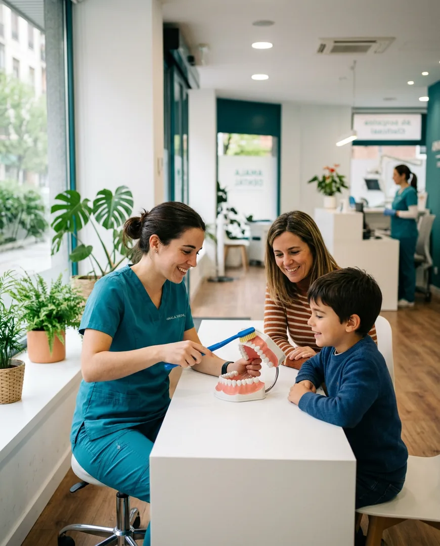 Dental hygienist demonstrating brushing technique with a model to a child and parent — Clínica Dental Aurora, Bilbao