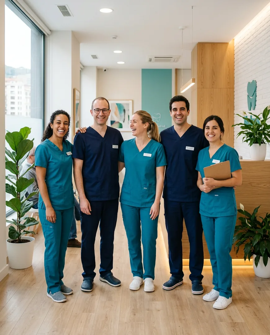 Clinic team of five in scrubs standing together in their practice — Clínica Dental Aurora, Bilbao