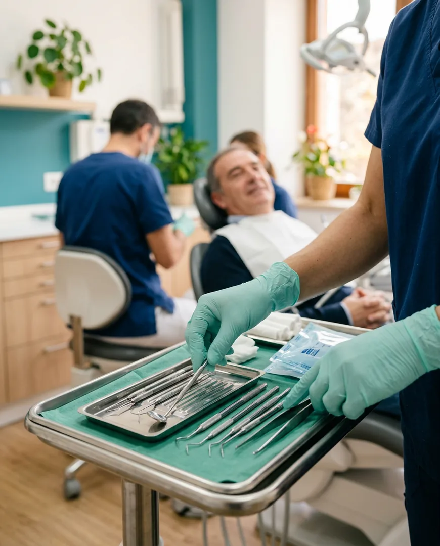 Close-up of hands in gloves preparing sterile instruments on a tray — Clínica Dental Aurora, Bilbao