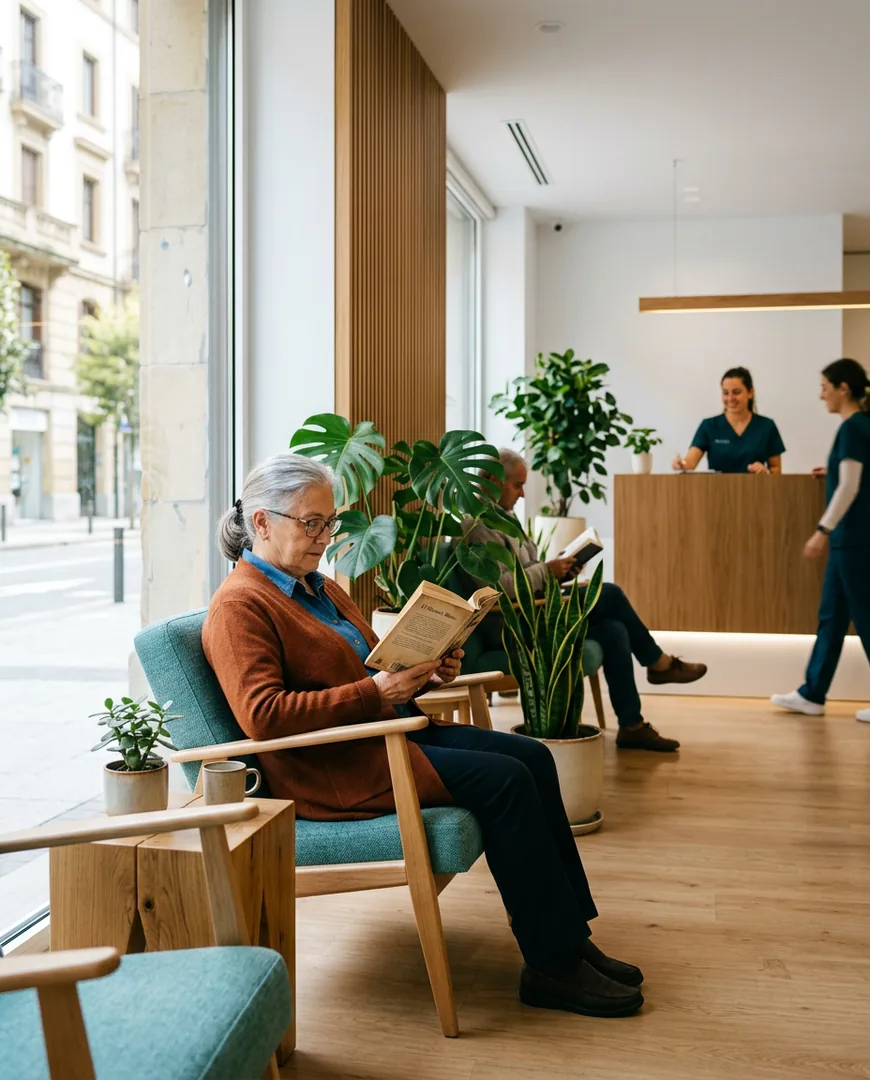 Older patient in the waiting area reading — Clínica Dental Aurora, Bilbao