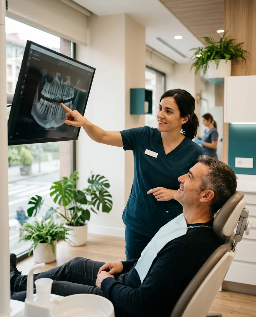 Dentist pointing at a digital dental scan on a large screen while a patient watches — Clínica Dental Aurora, Bilbao
