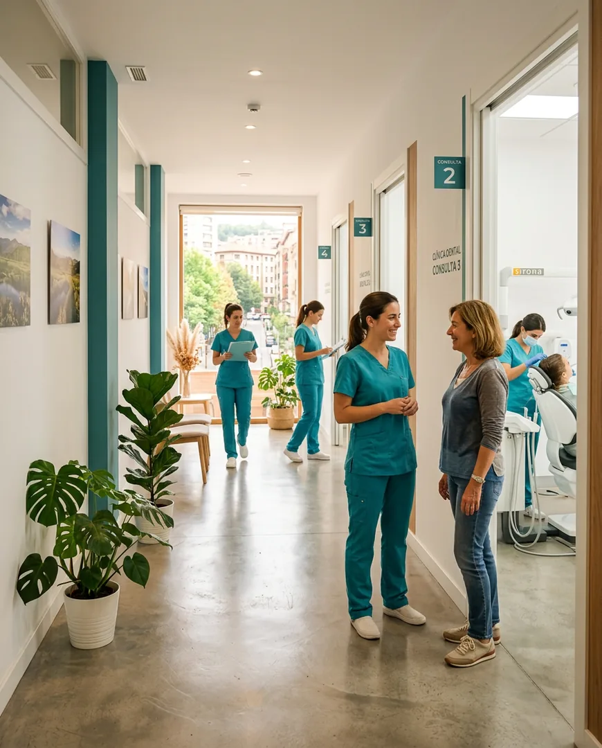 Bright clinic corridor with treatment room doors open and daylight from a window at the end — Clínica Dental Aurora, Bilbao