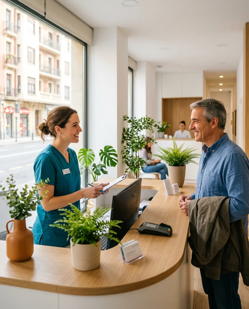 Smiling female dentist in teal scrubs welcoming a middle-aged patient at a sunlit clinic reception desk with plants — Clínica Dental Aurora, Bilbao