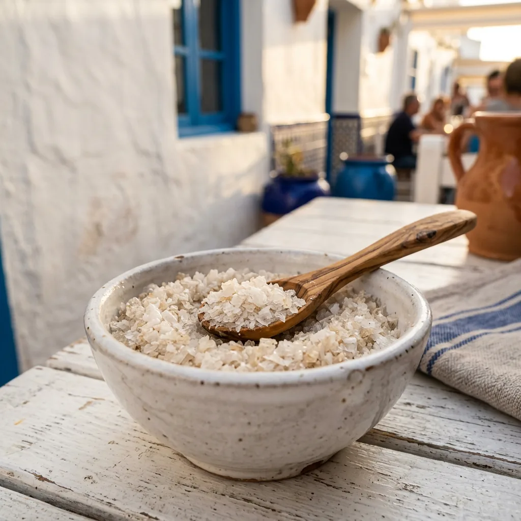 Close-up of a ceramic bowl of coarse sea salt flakes with a wooden spoon — La Barra de Sal, Cádiz