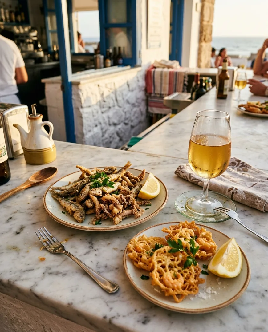 Overhead flat lay of fried fish — La Barra de Sal, Cádiz