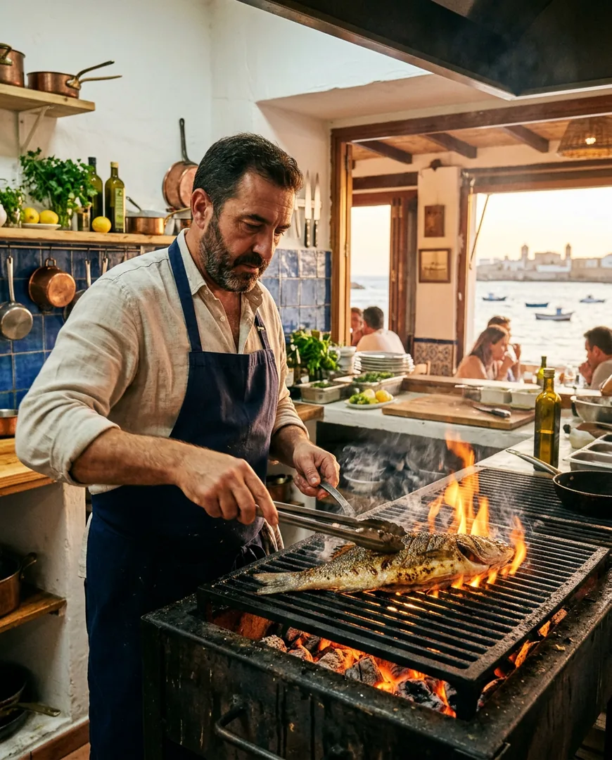 Chef in a small open kitchen searing fish over fire — La Barra de Sal, Cádiz
