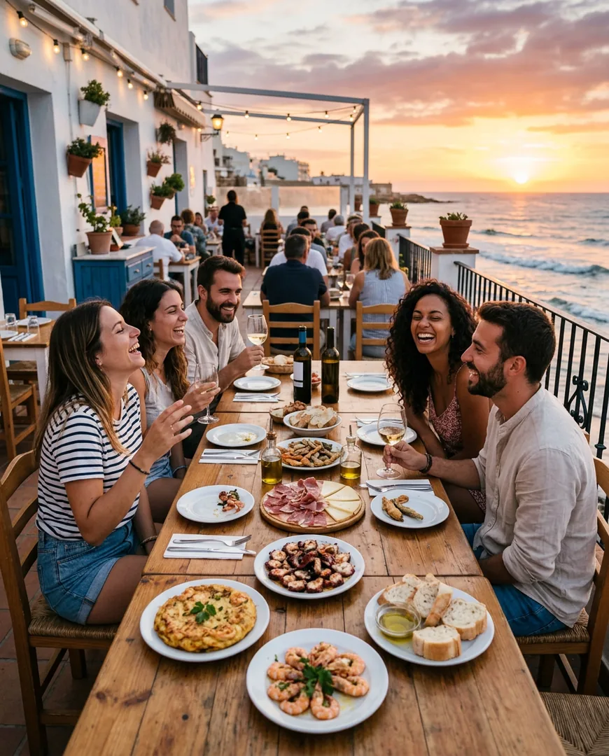 Group of friends laughing at a long terrace table by the sea — La Barra de Sal, Cádiz