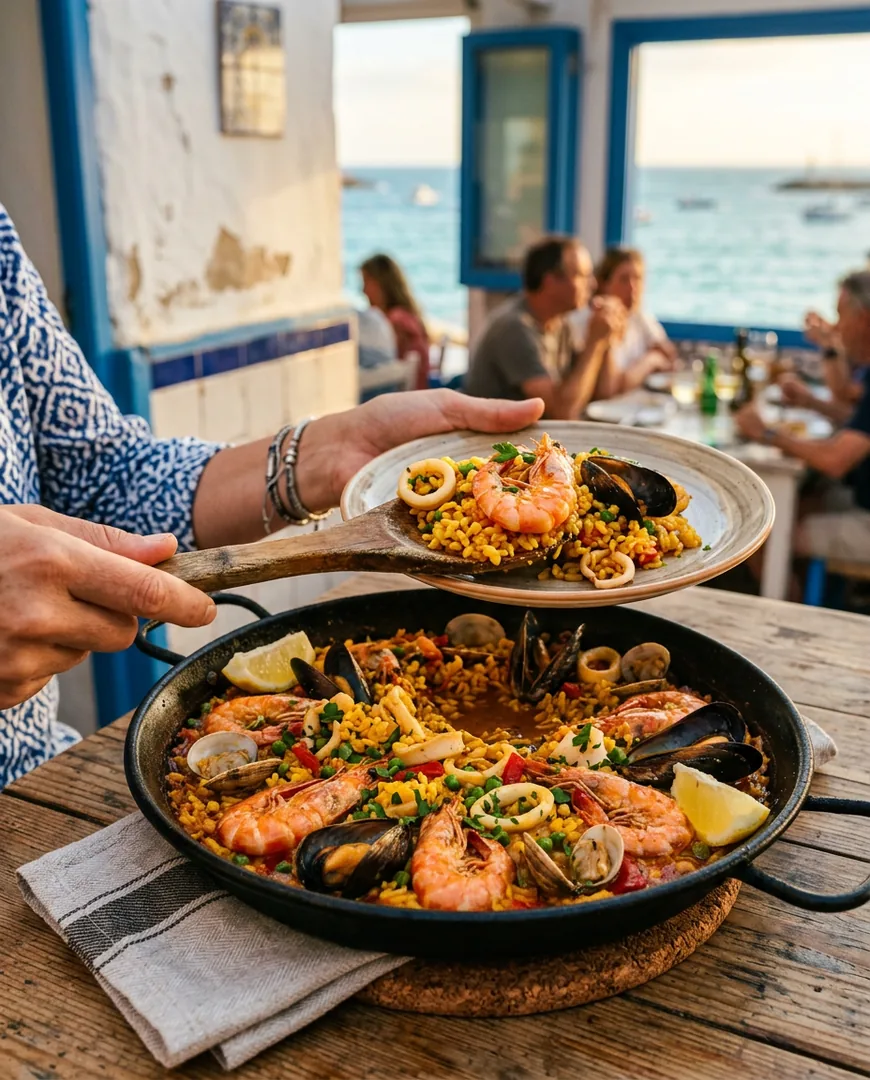 Close-up of a seafood rice dish in a paella pan being served with a wooden spoon — La Barra de Sal, Cádiz