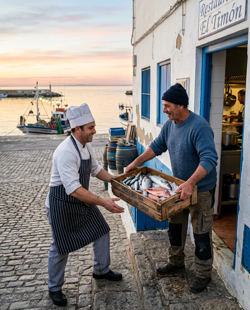 Fisherman handing a crate of fresh fish to a chef at the restaurant back door at dawn — La Barra de Sal, Cádiz