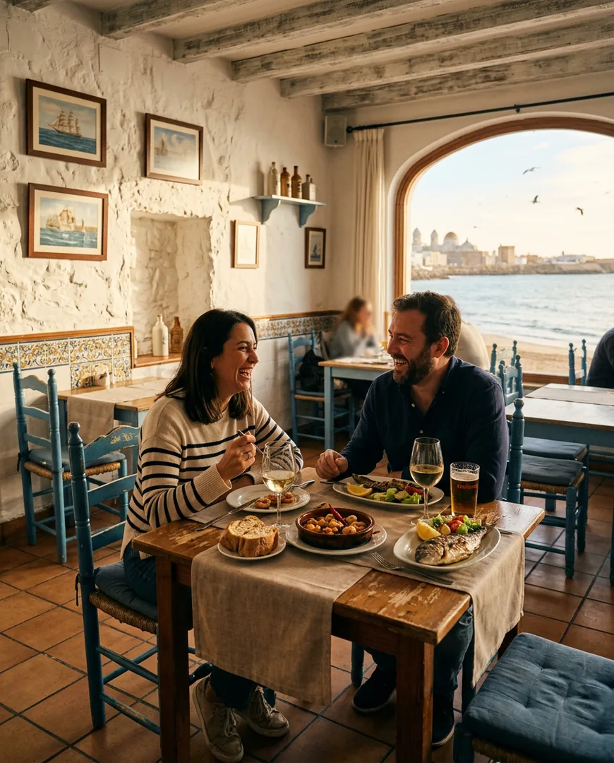Cozy interior of a seaside restaurant on a quiet Tuesday: whitewashed walls — La Barra de Sal, Cádiz
