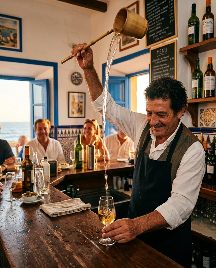Bartender pouring sherry from a venencia into a glass at a wooden bar — La Barra de Sal, Cádiz