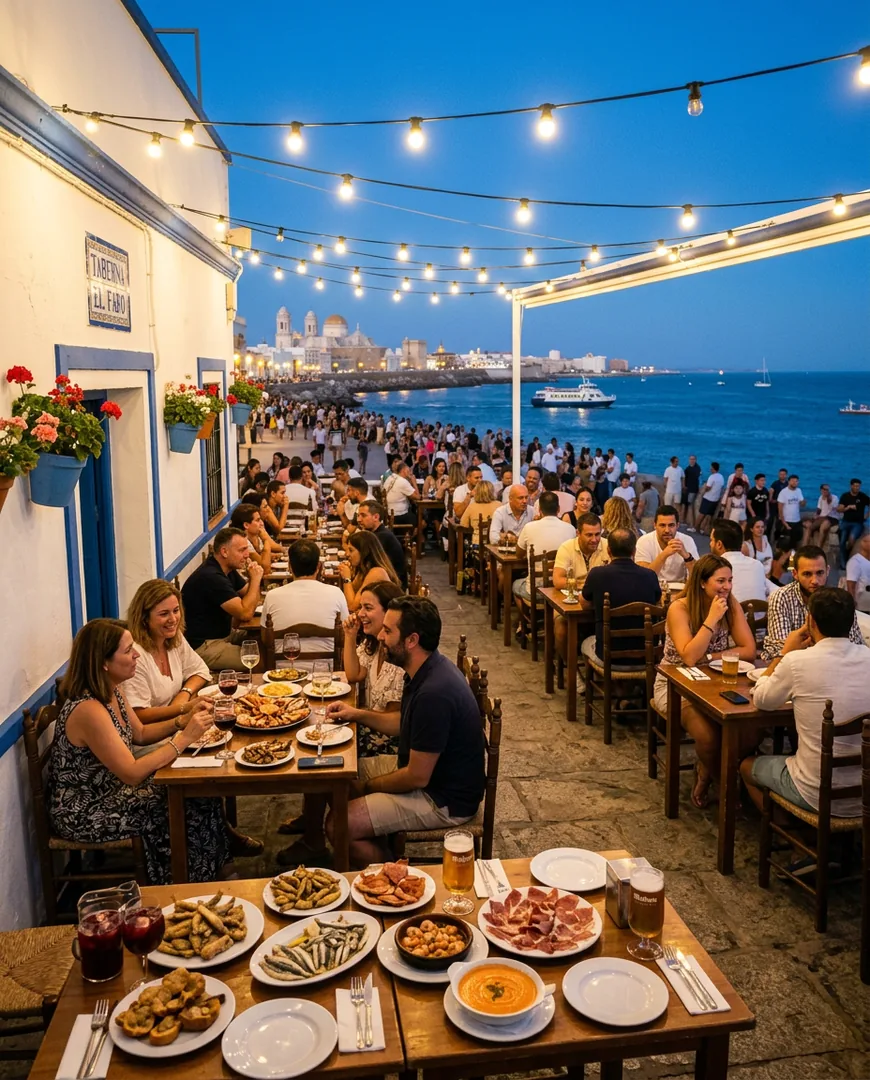 Wide shot of a restaurant terrace at blue hour with string lights and the sea behind — La Barra de Sal, Cádiz