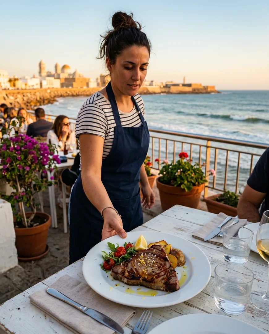 Waiter placing a plate of grilled red tuna on a white terrace table overlooking the Atlantic at golden hour — La Barra de Sal, Cádiz