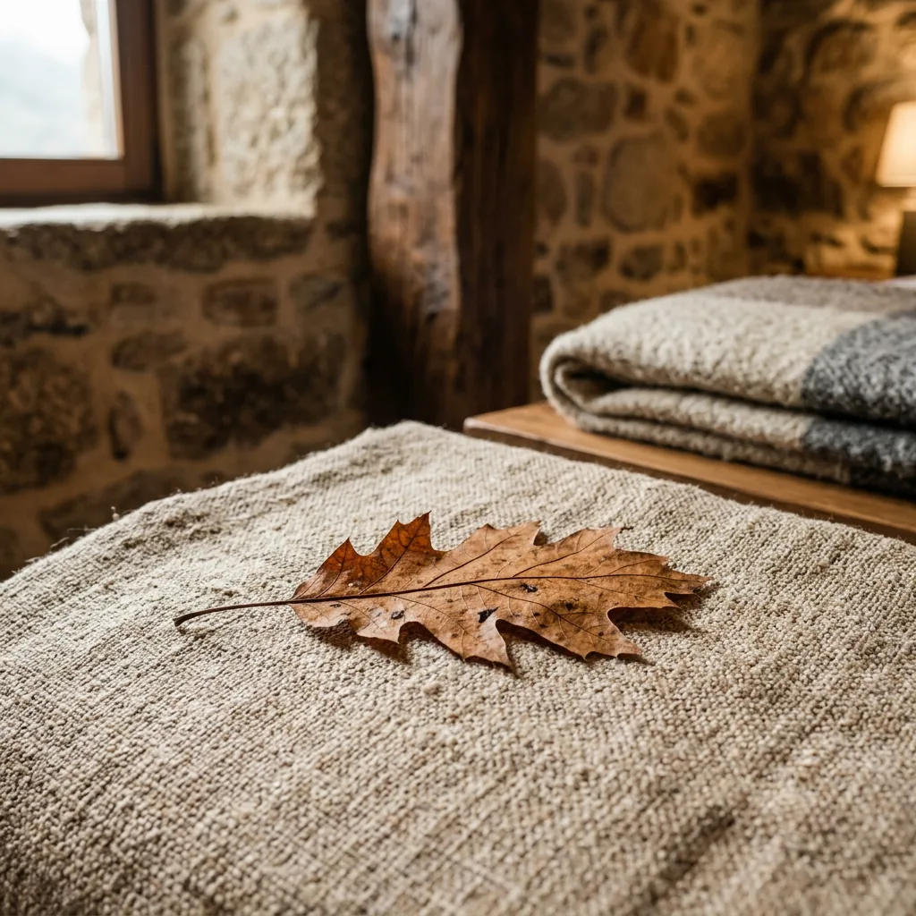 Close-up of an oak leaf pressed on rough linen — Casa Roble, Sierra de Gredos