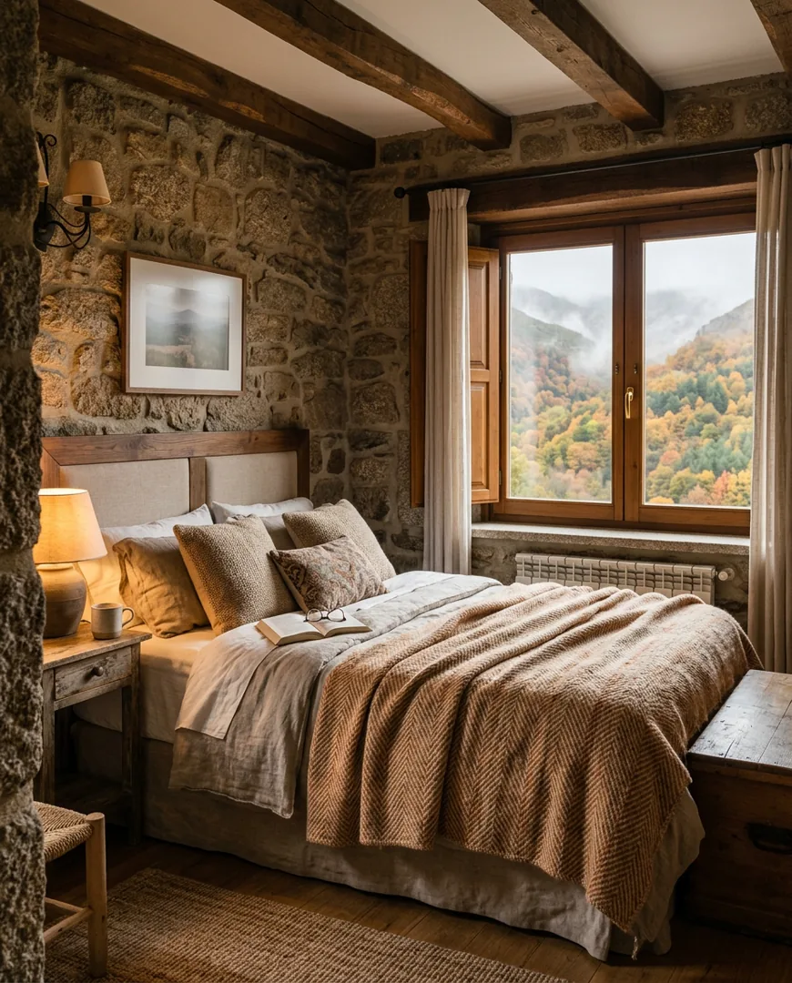 Cozy hotel bedroom with a stone wall — Casa Roble, Sierra de Gredos