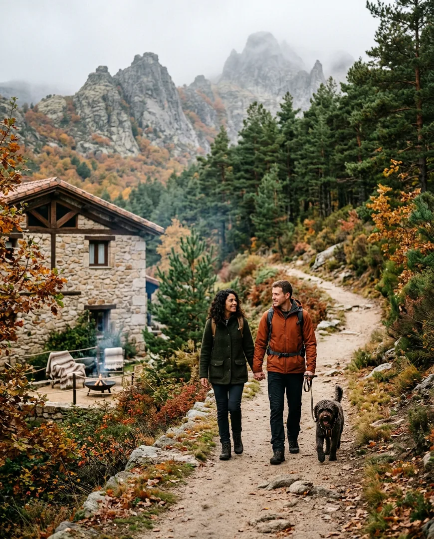 Couple walking a mountain trail with a dog — Casa Roble, Sierra de Gredos