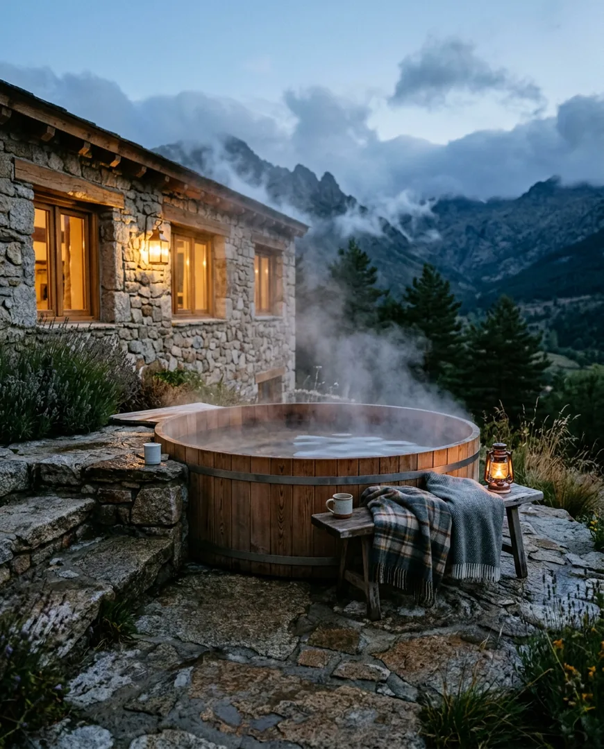 Outdoor wood-fired hot tub on a stone terrace at dusk — Casa Roble, Sierra de Gredos
