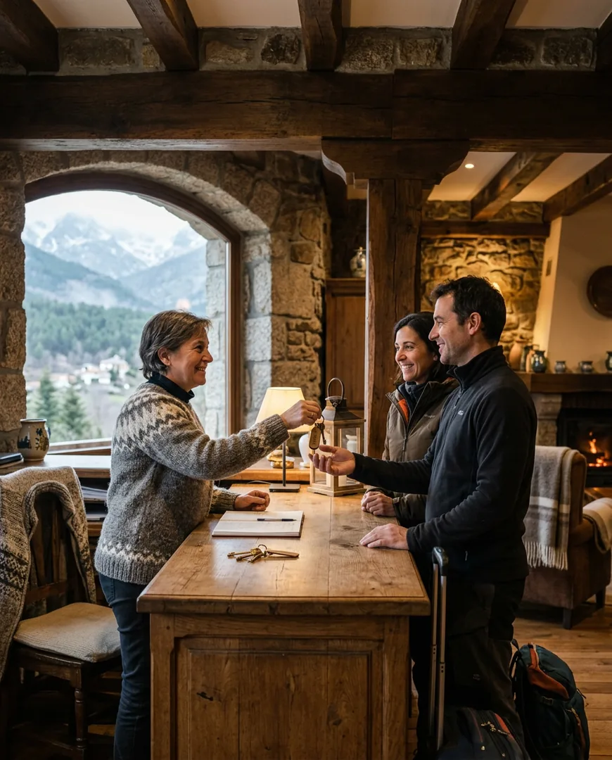 Hotel owner in a wool jumper handing keys to arriving guests at a rustic wooden reception desk — Casa Roble, Sierra de Gredos