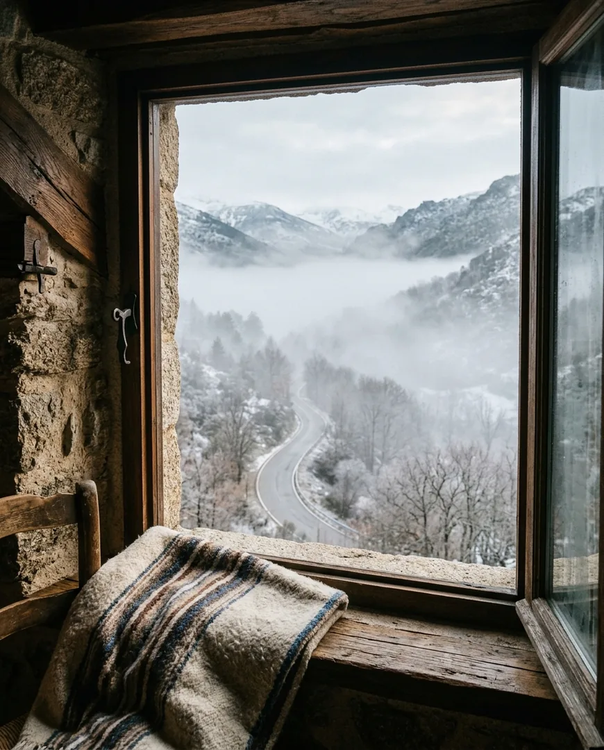 Empty misty valley road in winter seen from the hotel window — Casa Roble, Sierra de Gredos