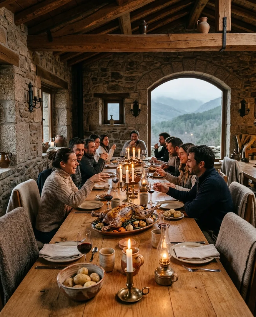Long communal dinner table in a stone dining room with candles and a roast lamb — Casa Roble, Sierra de Gredos