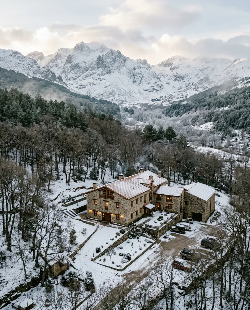 Wide aerial-style view of the stone hotel among oak trees with snow-capped peaks behind — Casa Roble, Sierra de Gredos