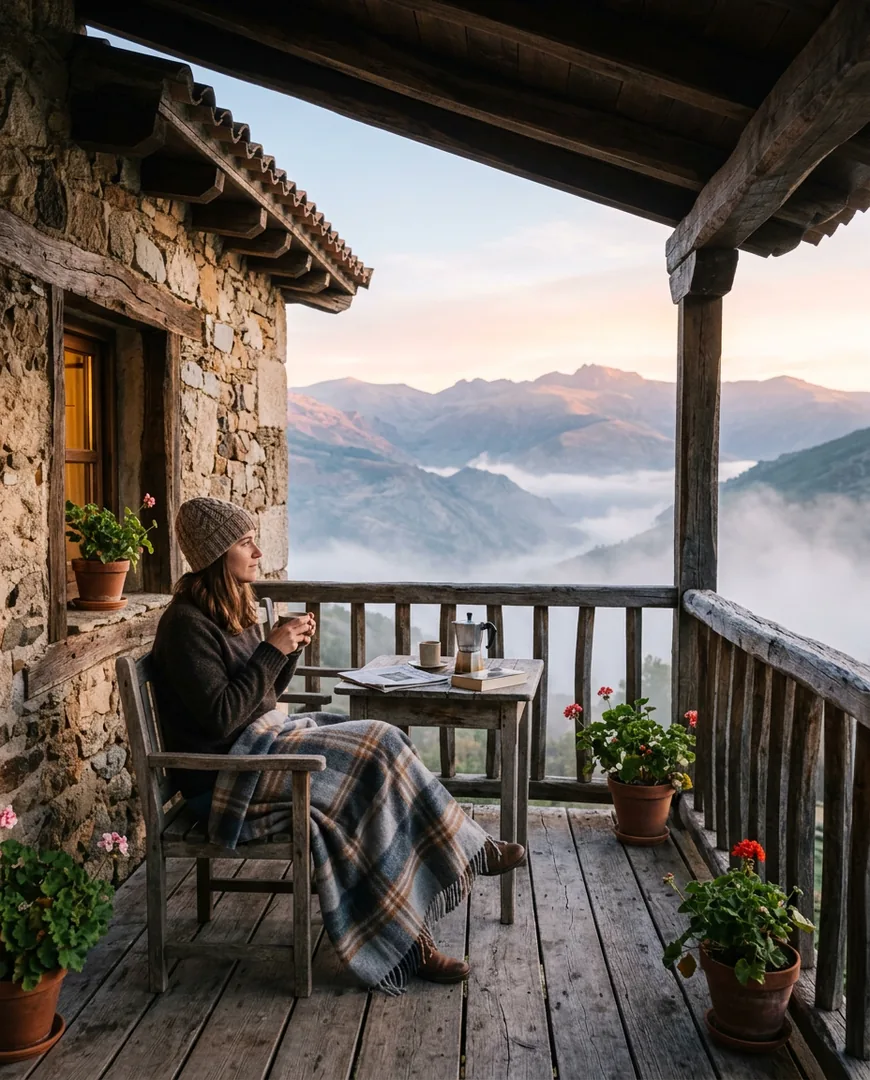 Stone farmhouse hotel with a wooden terrace overlooking misty mountains at sunrise — Casa Roble, Sierra de Gredos
