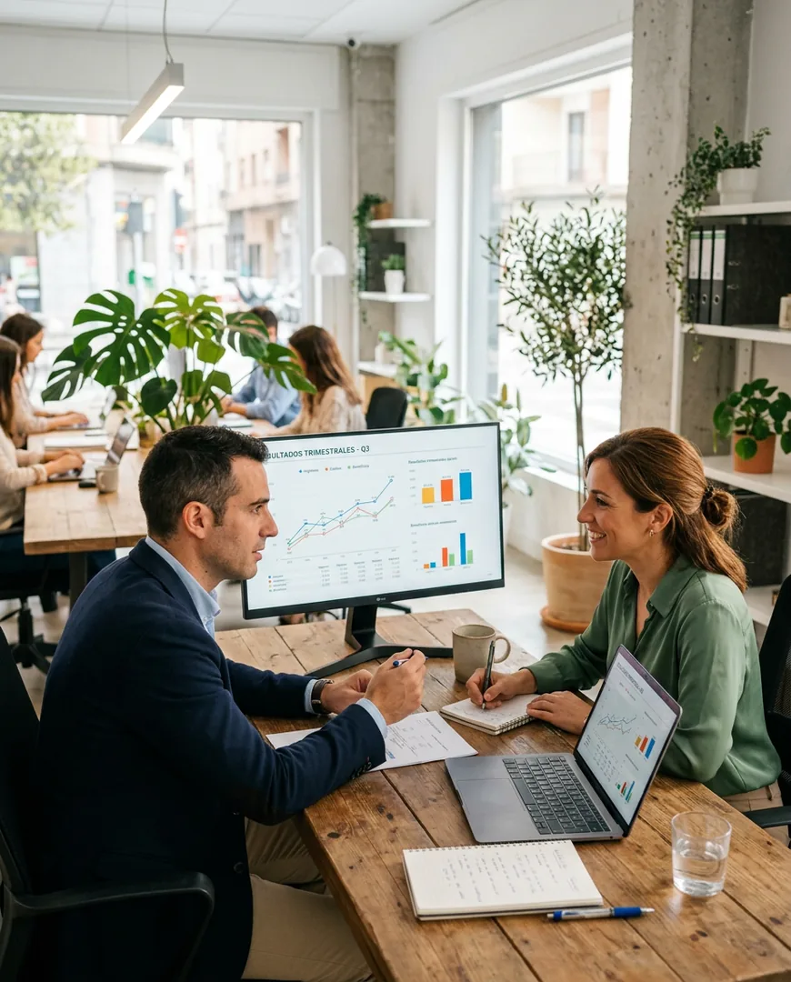 Two advisors reviewing quarterly figures on a large monitor — Cifra Asesores, Zaragoza