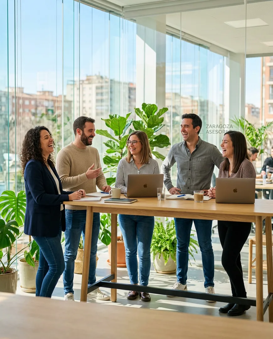 Advisory team of five in a bright meeting room laughing during a stand-up — Cifra Asesores, Zaragoza