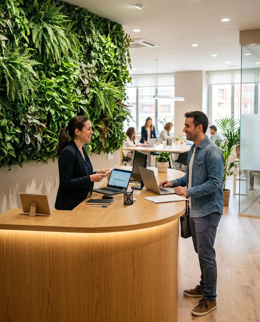 Modern office reception with a green wall of plants and a wooden counter — Cifra Asesores, Zaragoza