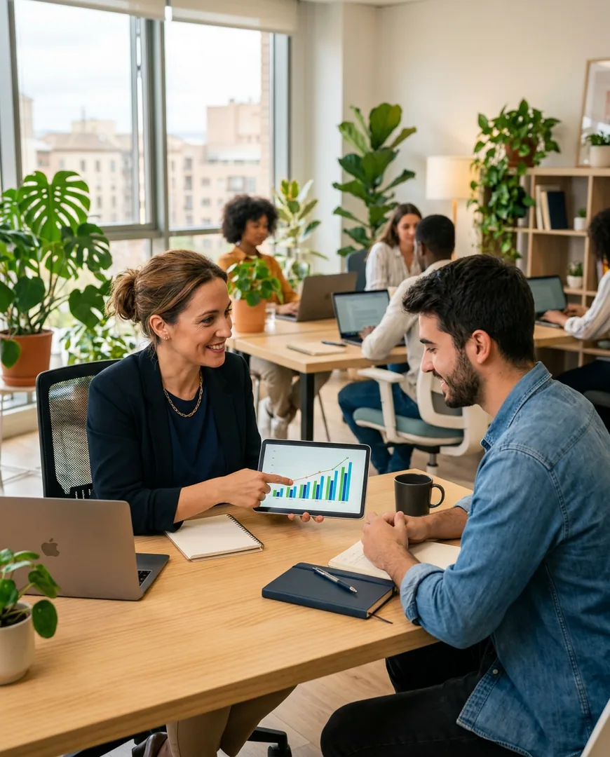 Friendly tax advisor in her thirties explaining a tablet chart to a young freelancer across a light wooden desk — Cifra Asesores, Zaragoza