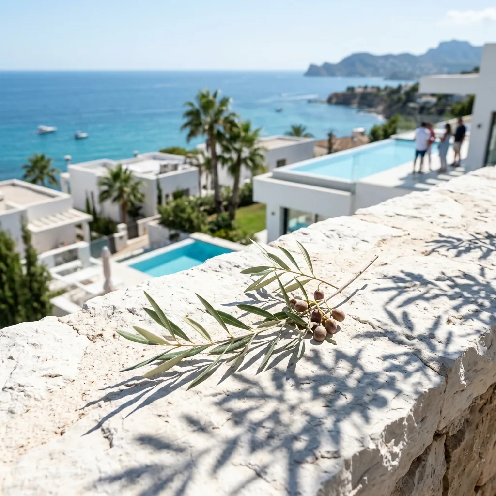 Close-up of a small olive branch on a white stone surface with sunlight shadows — Costa Serena Homes, Costa Blanca