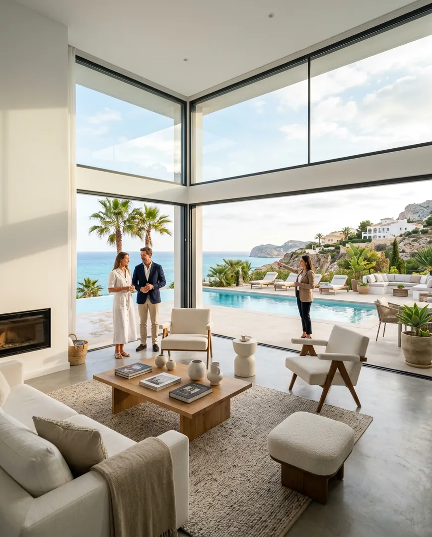 Bright open-plan villa living room with floor-to-ceiling glass doors opening onto a pool terrace — Costa Serena Homes, Costa Blanca