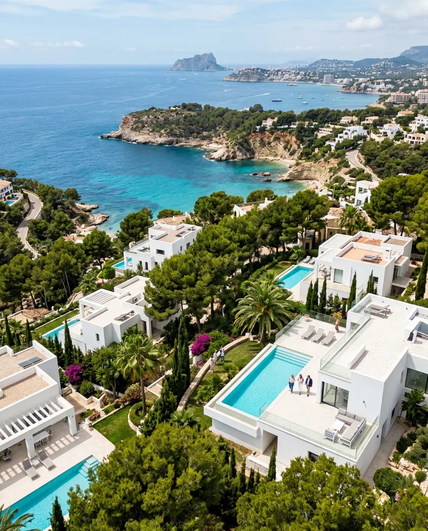 Aerial-style view of a coastal urbanisation with white villas — Costa Serena Homes, Costa Blanca